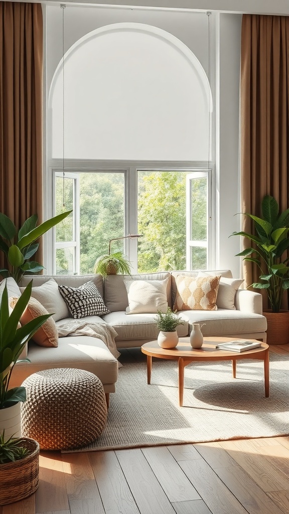 A cozy living room featuring a beige couch, potted plants, and large windows letting in natural light.