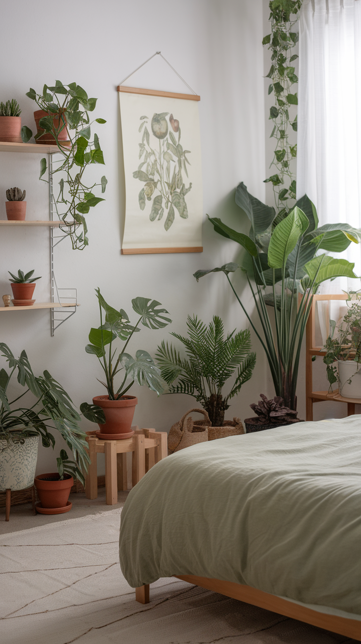 Bedroom with plants and a green bedspread, featuring nature-inspired decor