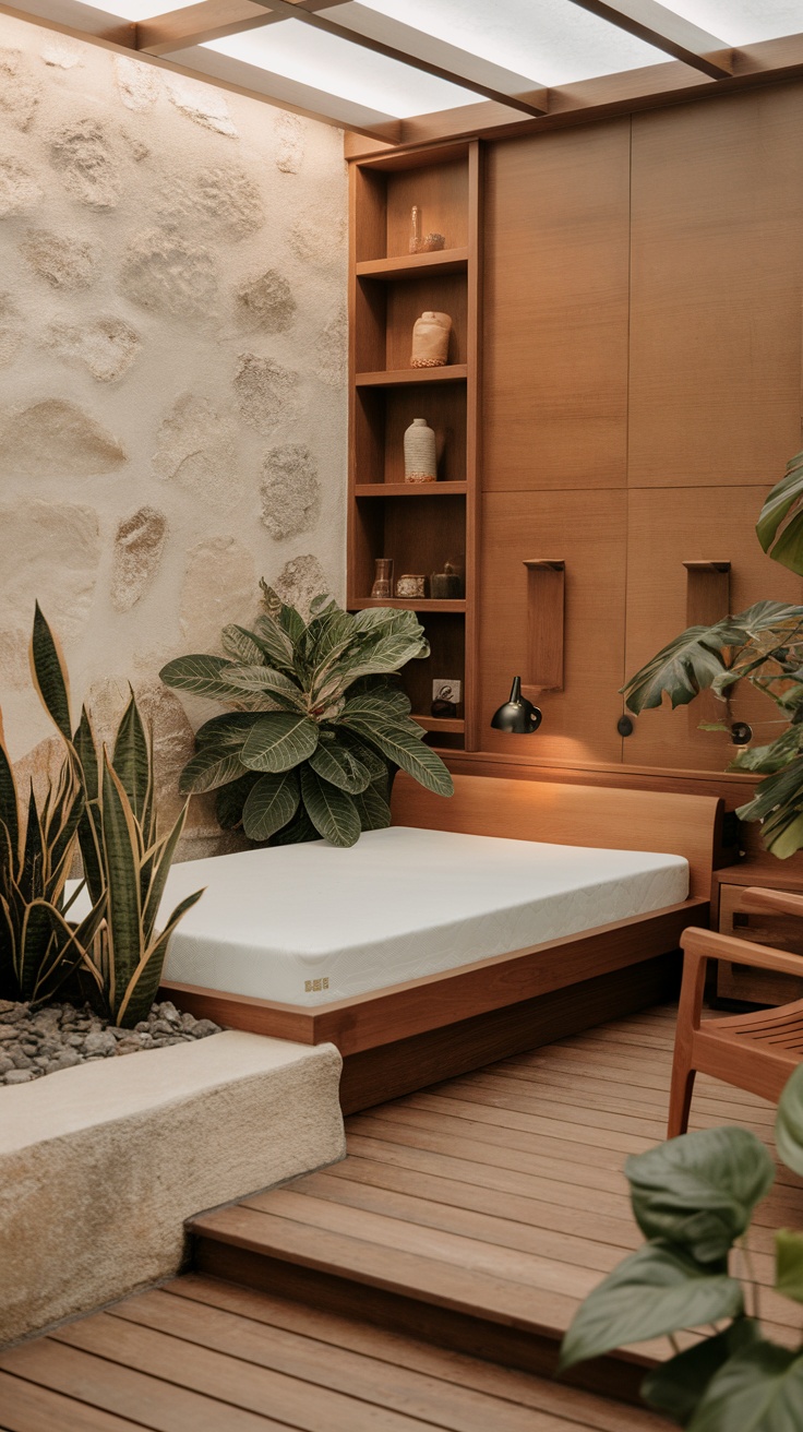 A cozy bedroom featuring wooden elements, plants, and a stone wall, creating a serene and natural atmosphere.
