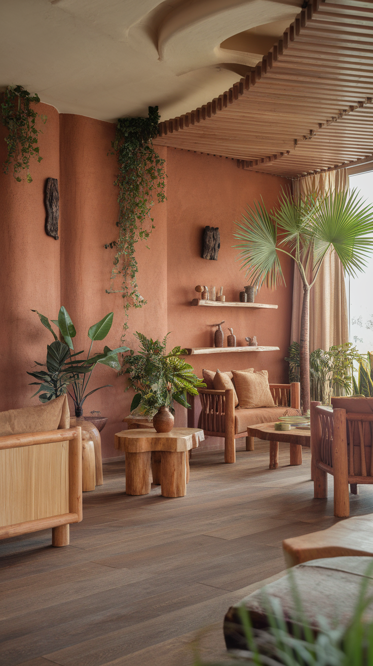 A cozy living room with terracotta walls, wooden furniture, and plenty of indoor plants.