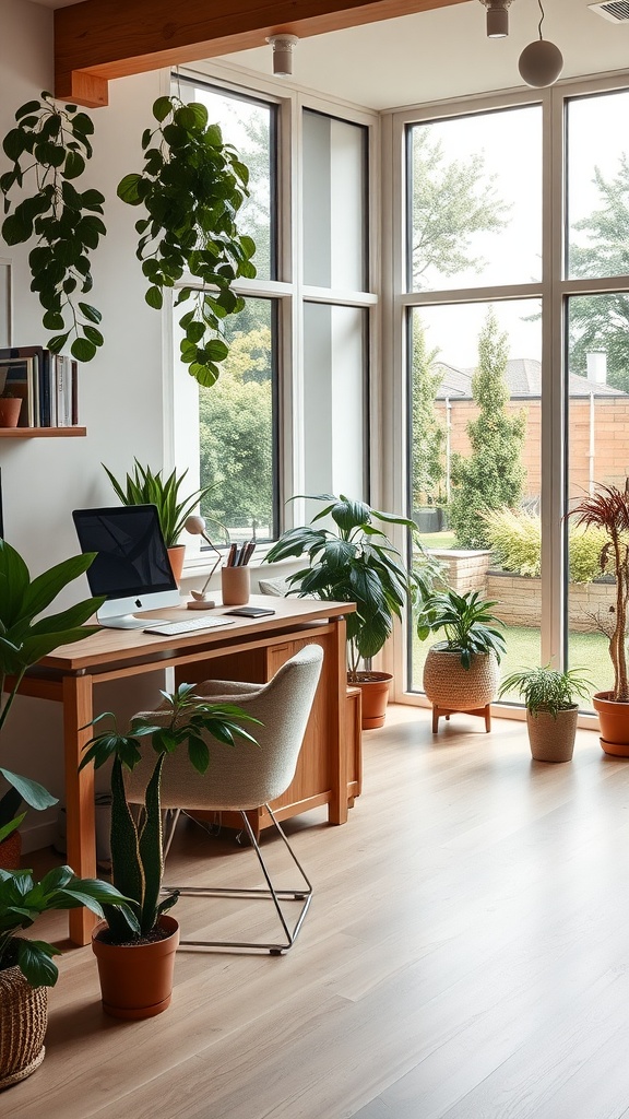 A bright home office with a wooden desk, a computer, and various indoor plants by large windows.
