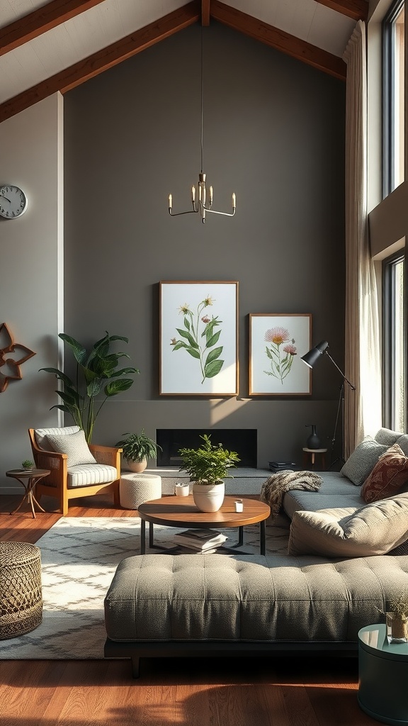 A cozy living room featuring nature-inspired elements, including plants and floral artwork.