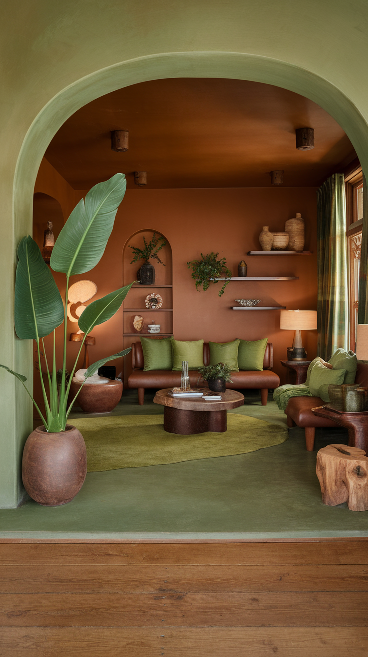 Cozy living room with green and brown tones, featuring plants and modern furniture