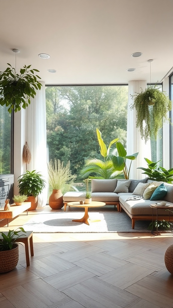 A bright living room filled with greenery, featuring a comfortable couch, wooden furniture, and large windows letting in natural light.