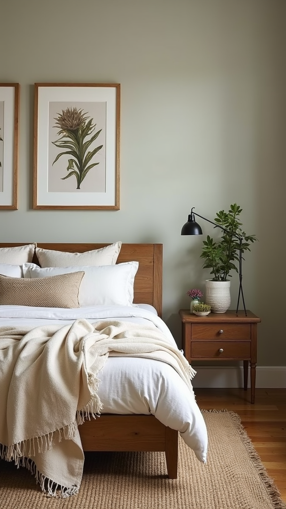 Cozy teen girl bedroom with natural elements, soft green walls, and elegant decor