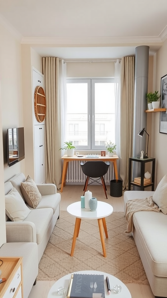 A neutral living room with soft colors, comfortable seating, and a workspace by the window.