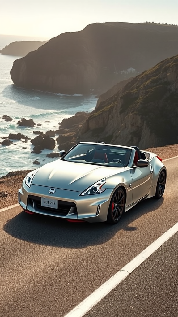 A silver Nissan Z convertible parked on a coastal road with cliffs and ocean waves in the background.