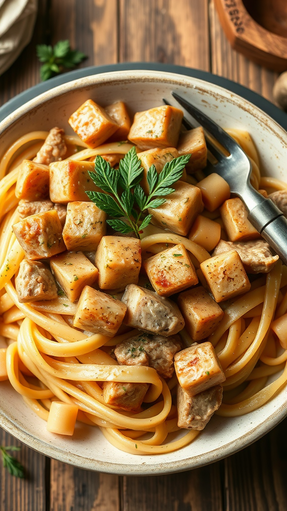 A bowl of One-Pan Turkey Stroganoff with pasta and cubed turkey on a wooden table