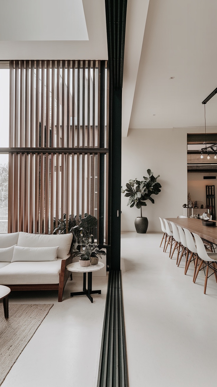 Modern living room with an open concept layout, showcasing a sleek design and natural light.