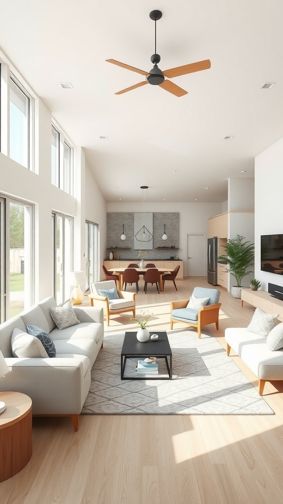A bright and airy open concept living room with modern furniture and large windows.