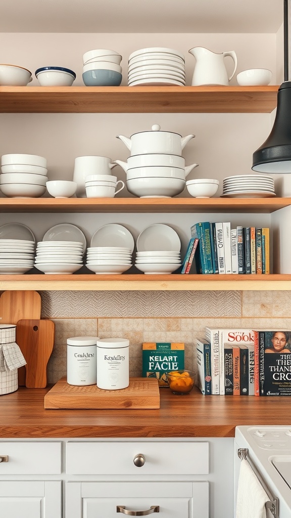 Open shelving with ceramic dishes and cookbooks in a modern kitchen.