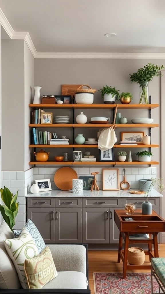 A cozy living space featuring open shelving with decorative items, plants, and books.