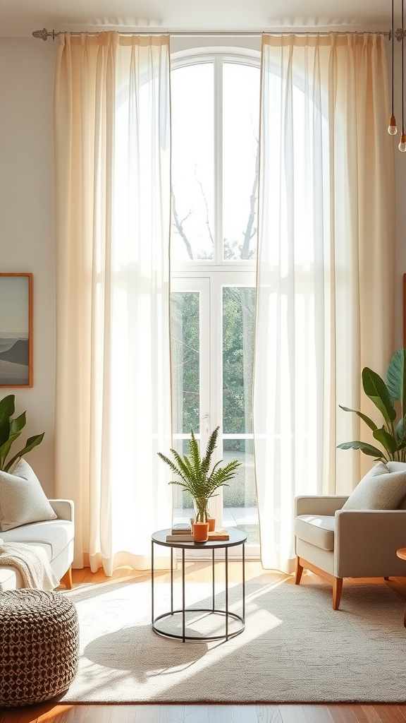 A cozy living room with large windows dressed in sheer curtains, allowing natural light to flow in, with plants and a small table.