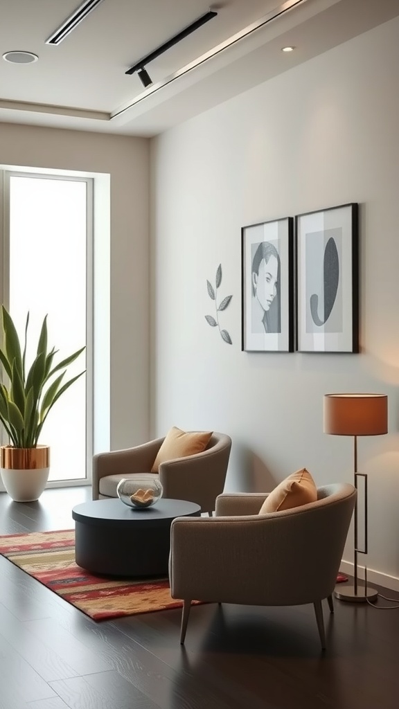 A stylish minimalist living room with two chairs, a coffee table, a plant, and wall art.
