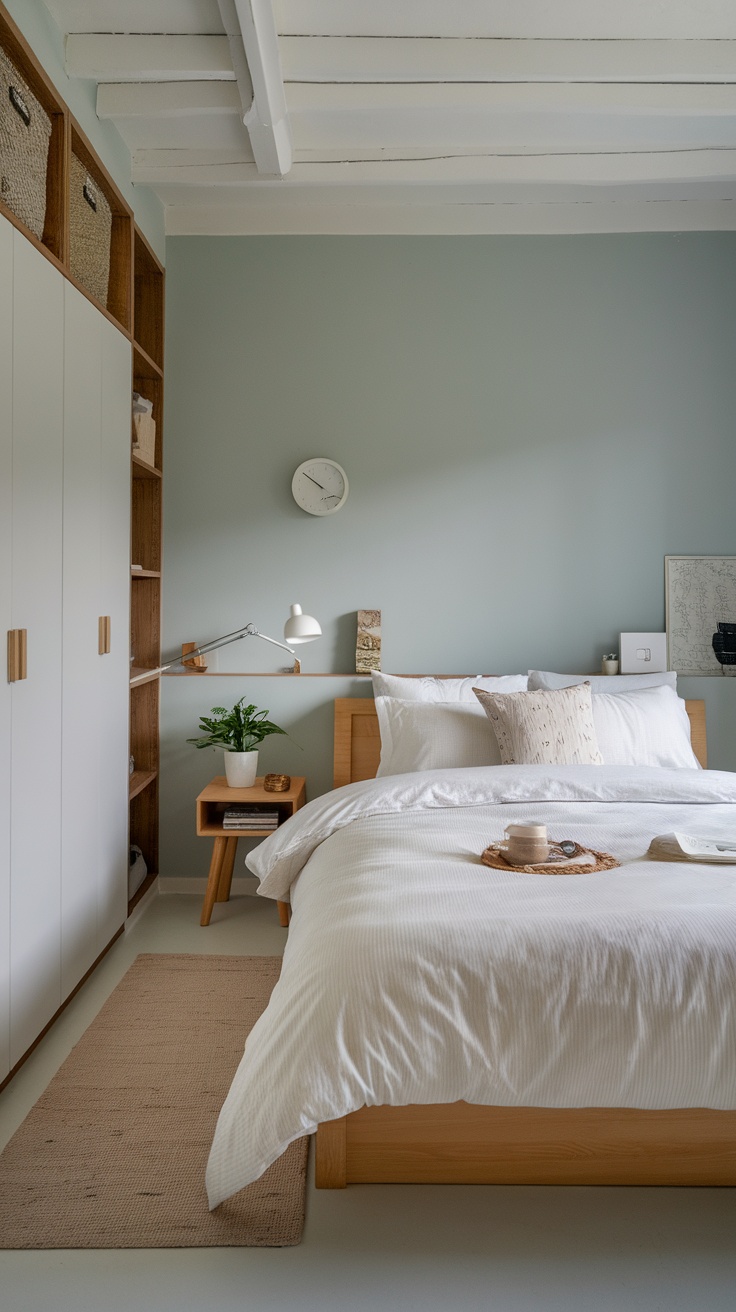 A cozy bedroom with organized spaces, featuring a bed, wardrobe, and decorative elements.