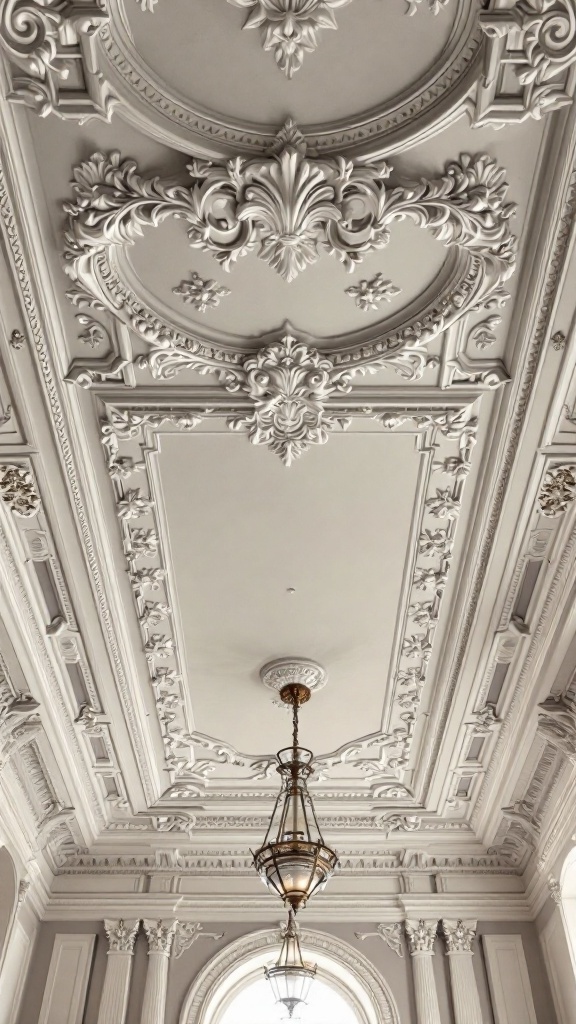 Ornate Victorian ceiling with intricate designs and a gold lantern