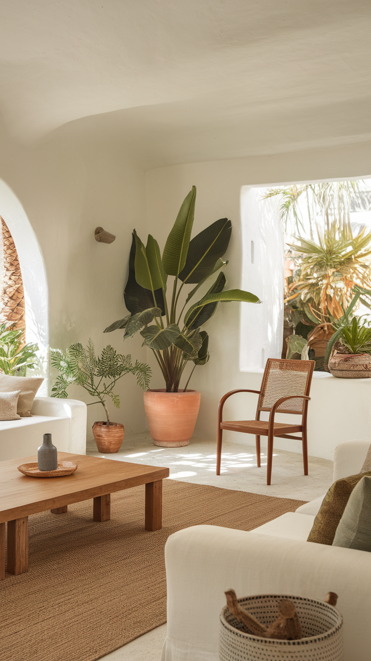 Cozy living room with large plants, neutral colors, and a wooden coffee table
