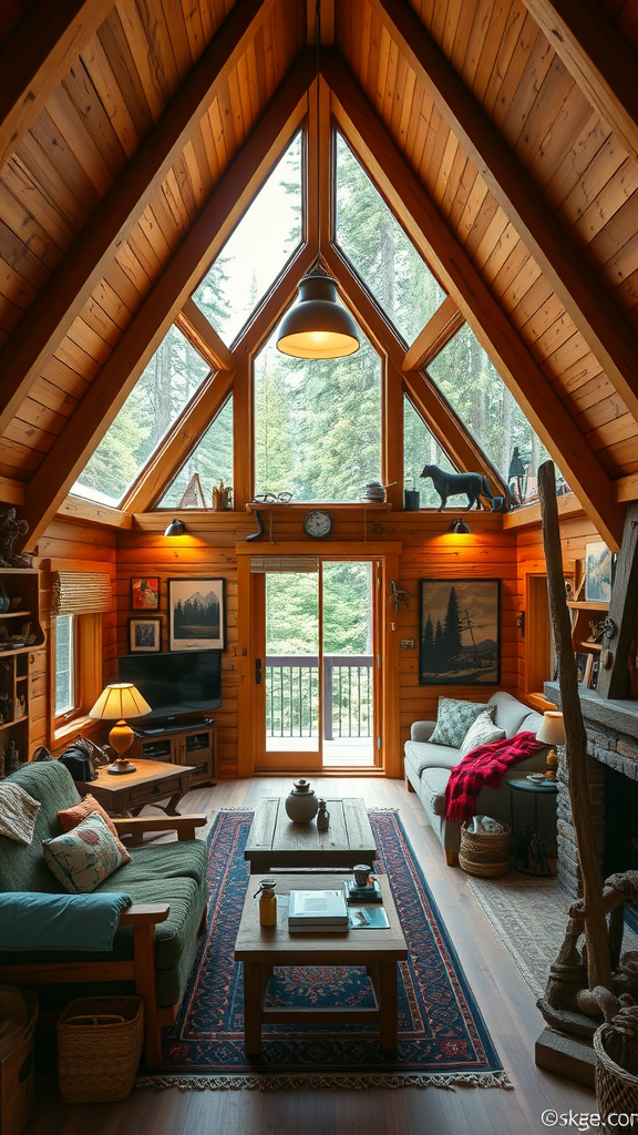 Interior of a cozy wooden cabin with large triangular windows and a warm, inviting atmosphere.