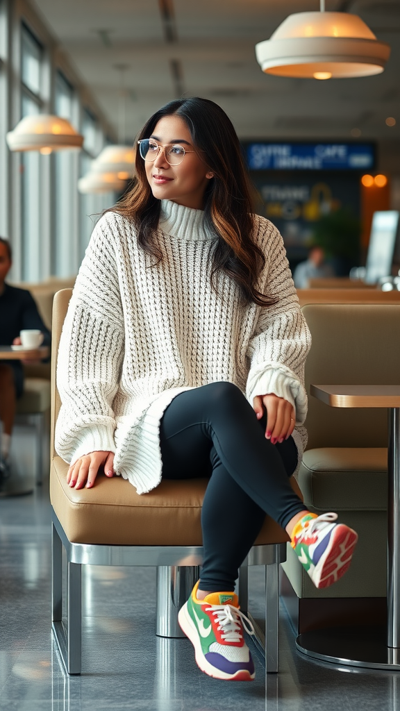 A woman wearing an oversized sweater and leggings, sitting in a modern cafe.