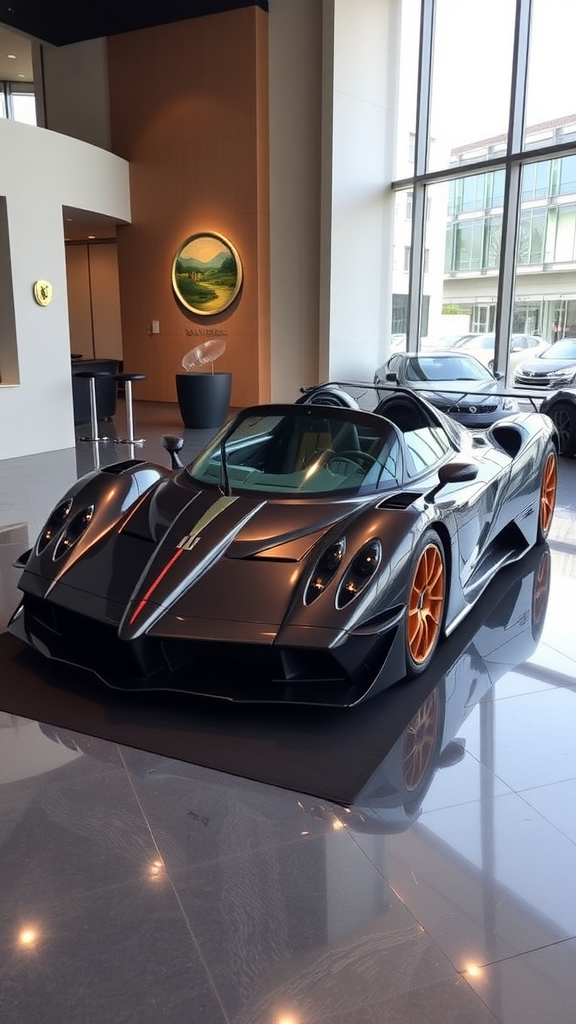 Pagani Zonda HP Barchetta displayed in a modern showroom