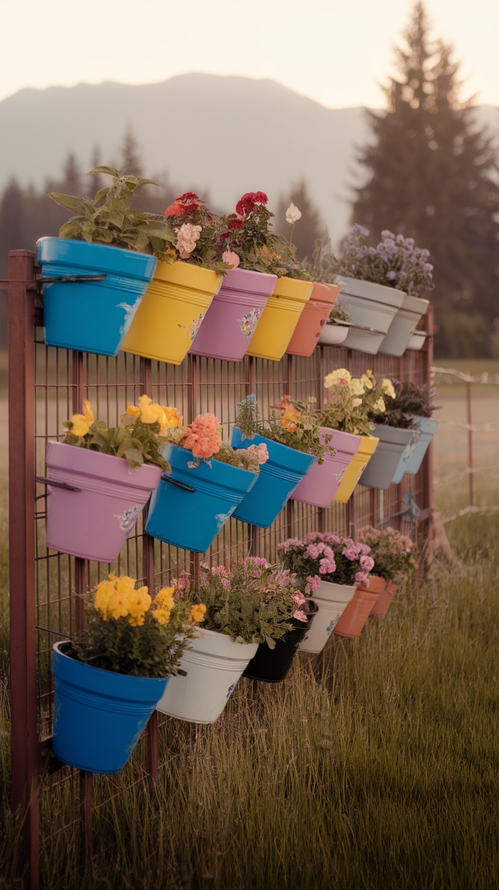 Colorful painted pots with flowers displayed on a metal fence.