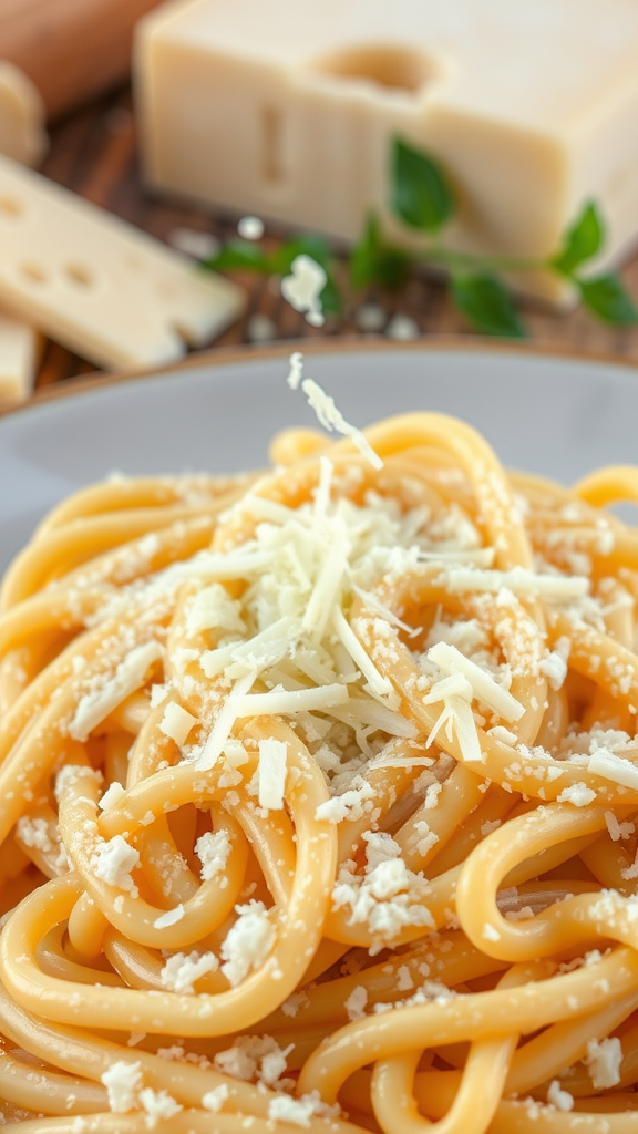 Plate of pasta garnished with grated Parmesan cheese, with cheese blocks in the background.