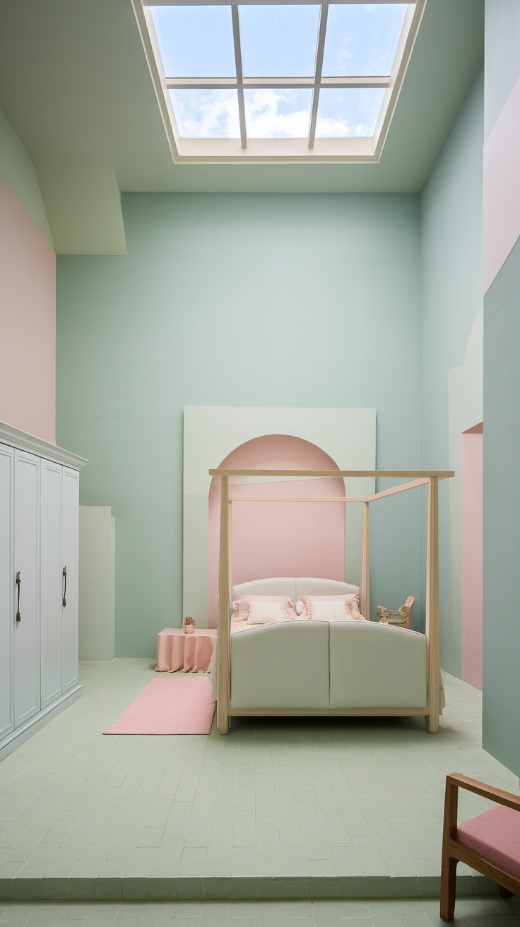 A pastel-colored bedroom featuring a centered bed, mint green and blush pink walls, and simple cottagecore furniture.