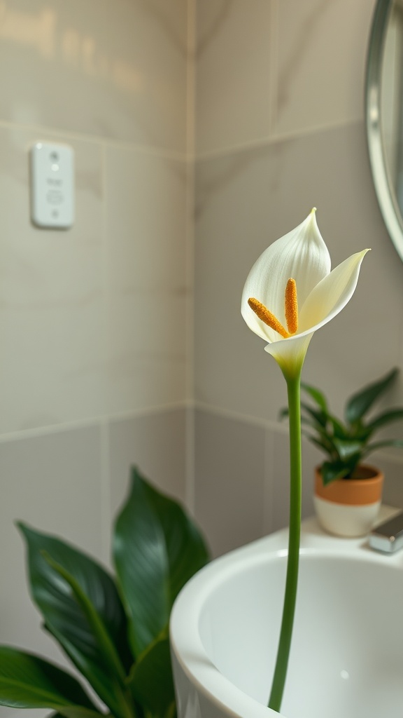 A Peace Lily flower in a bathroom setting, showcasing its elegance and low light adaptability.