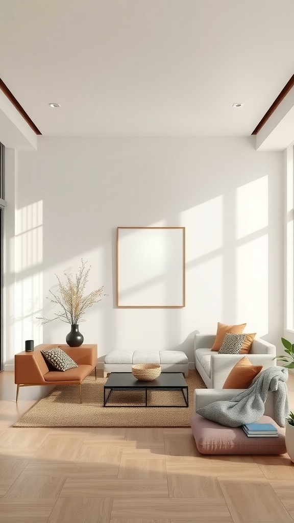 A serene living room with light colors, cozy furniture, and natural light.