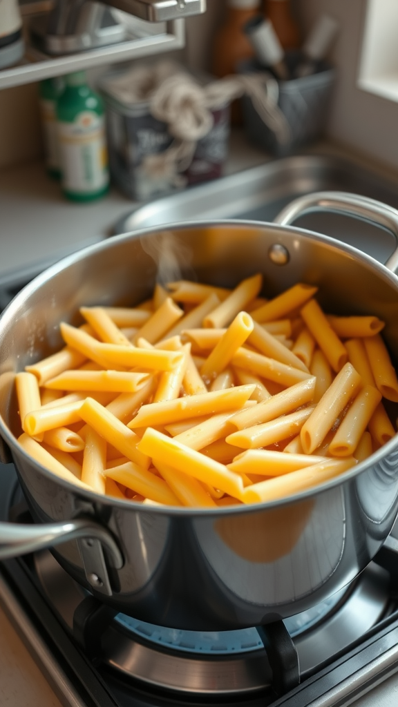 Penne pasta cooking in a stainless steel pot on the stove