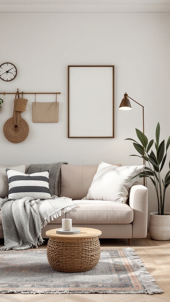 A warm neutral living room featuring a sofa with patterned pillows, a round wicker coffee table, and decorative wall items.