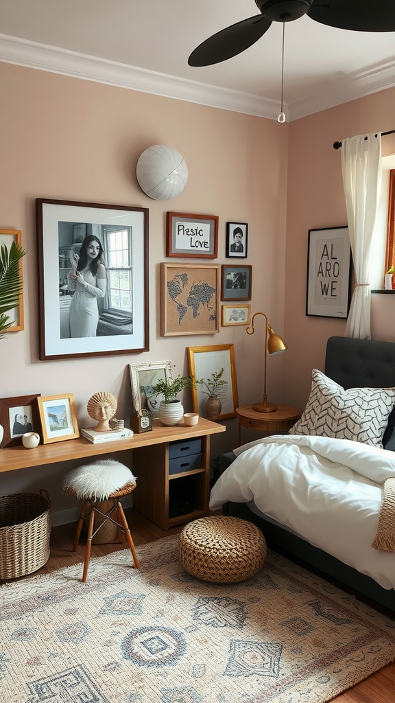 A cozy bedroom featuring personalized artwork and a simple, stylish decor.