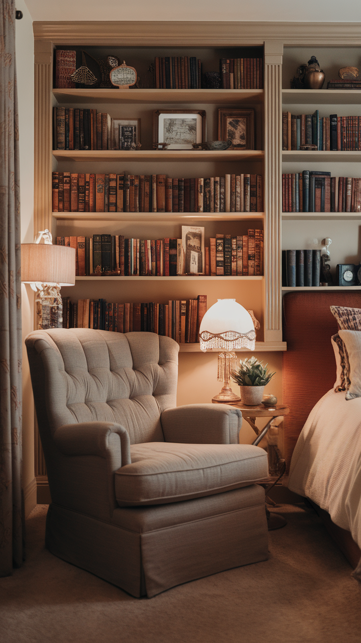Cozy bookshelf nook with an armchair, warm lighting, and vintage books.