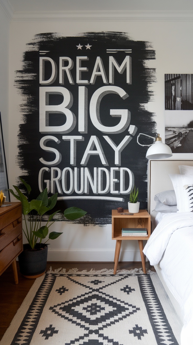 A cozy bedroom featuring a bold wall mural with the words 'Dream Big, Stay Grounded', a wooden nightstand, a small plant, and a patterned rug.