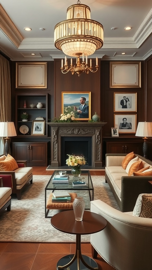 Luxurious living room featuring elegant furniture, decorative items, and personalized touches.