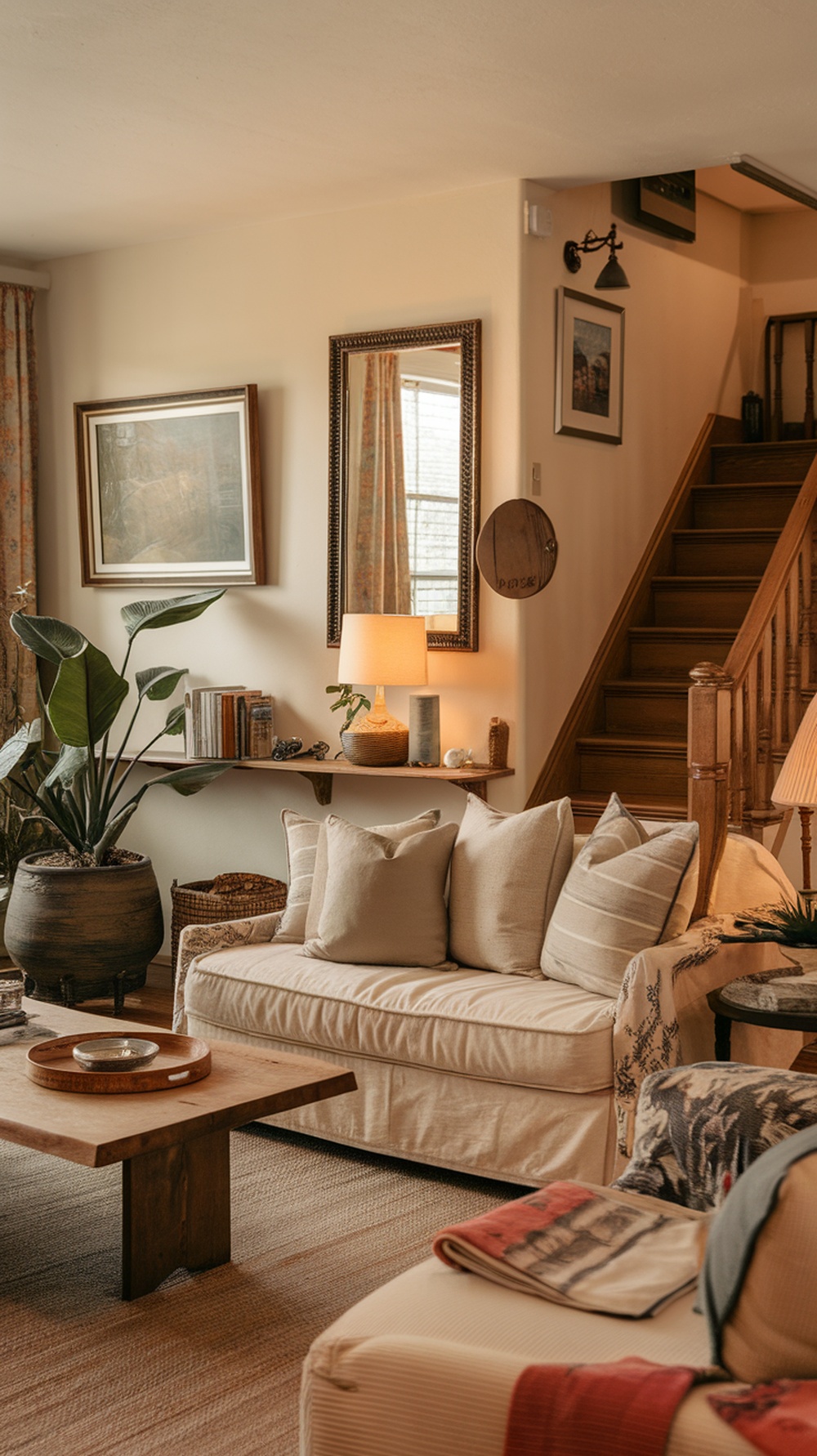 Cozy living room with neutral colors, a comfortable sofa, wooden coffee table, plants, and decorative items.