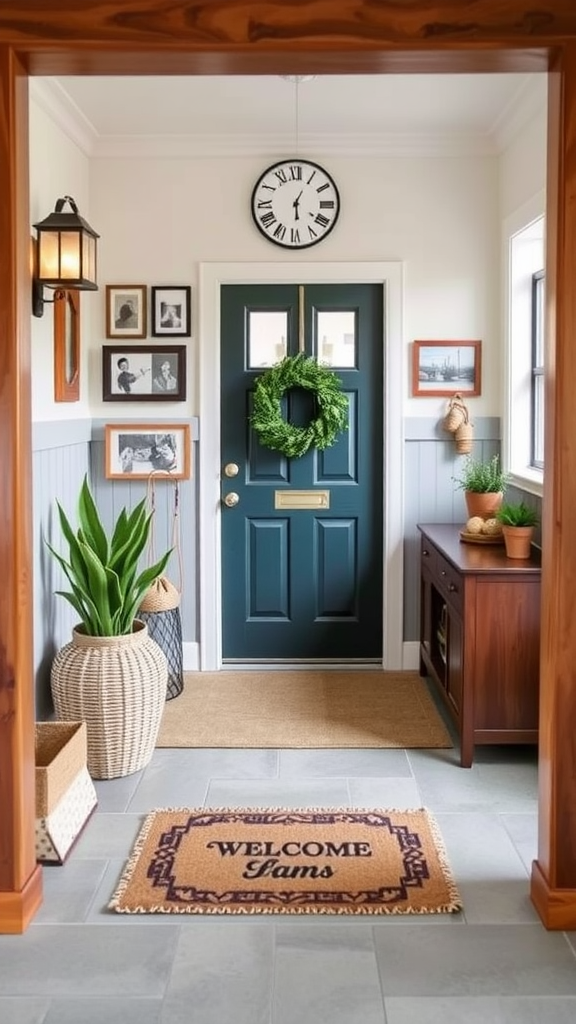 A welcoming entryway featuring a blue door, plant decor, and family photos.