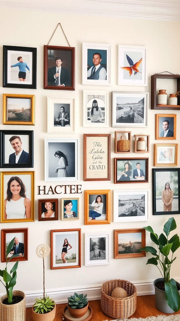 Personalized gallery wall with various framed photos and decor elements including plants and woven baskets.