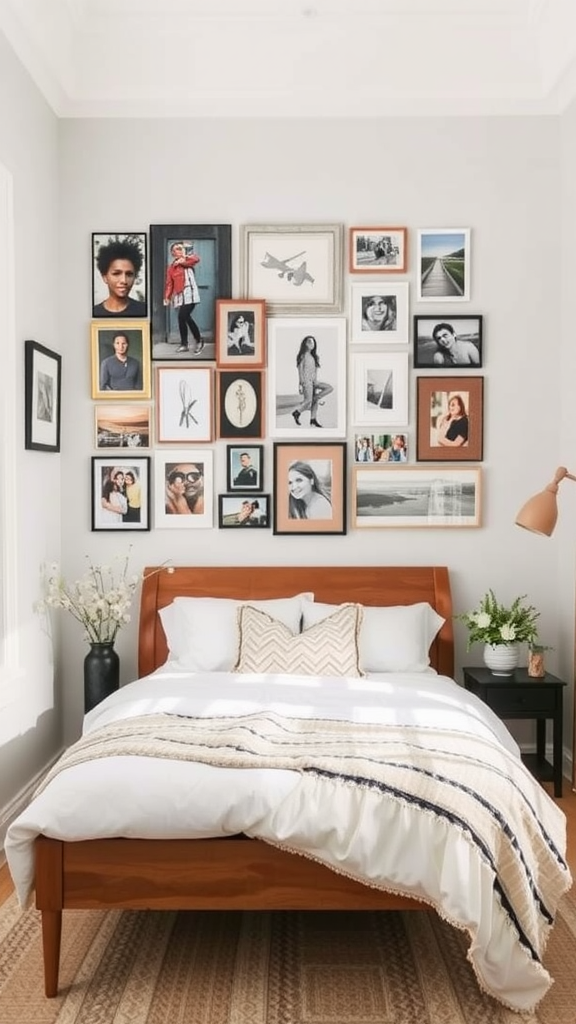 A cozy bedroom with a personalized gallery wall featuring a mix of photos and artwork above a wooden bed.