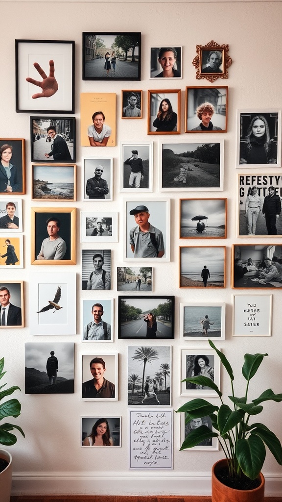A gallery wall featuring a mix of framed photographs and artwork, complemented by plants.