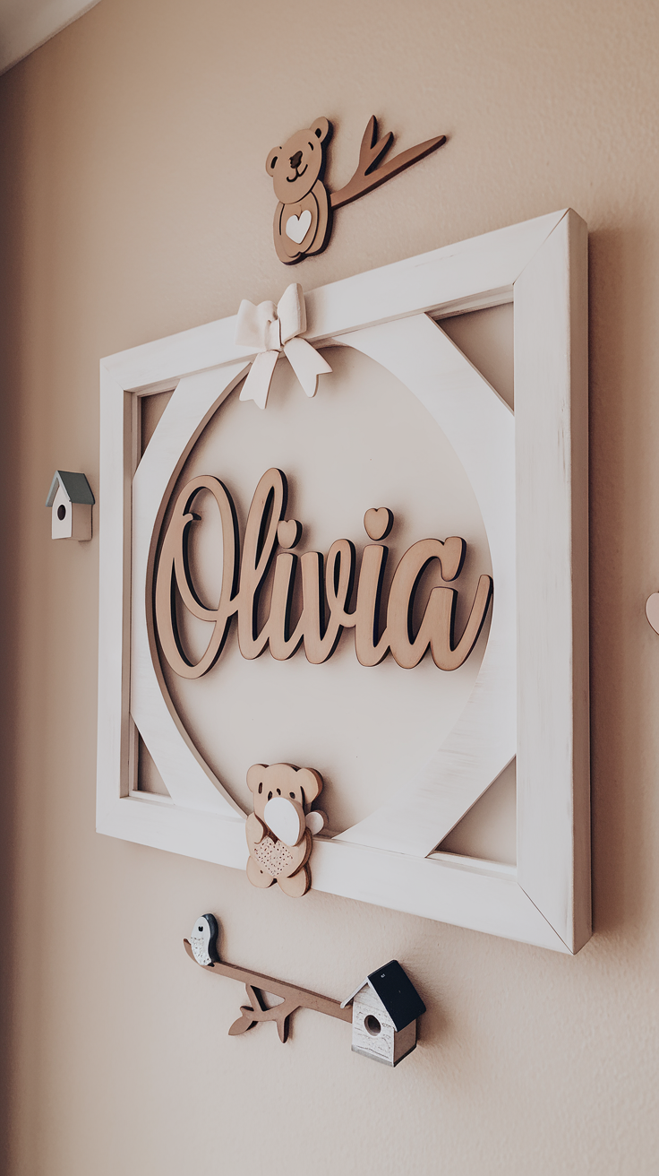 A personalized name art piece featuring the name 'Olivia' decorated with cute elements like a bear and birdhouses.