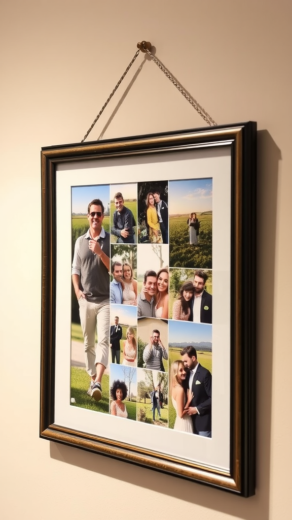 A framed photo collage displaying various pictures of people enjoying different moments outdoors.