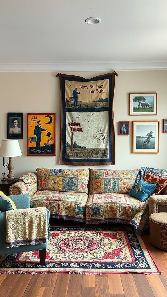 A cozy living room with a colorful couch, layered textiles, and a mix of artwork on the walls.
