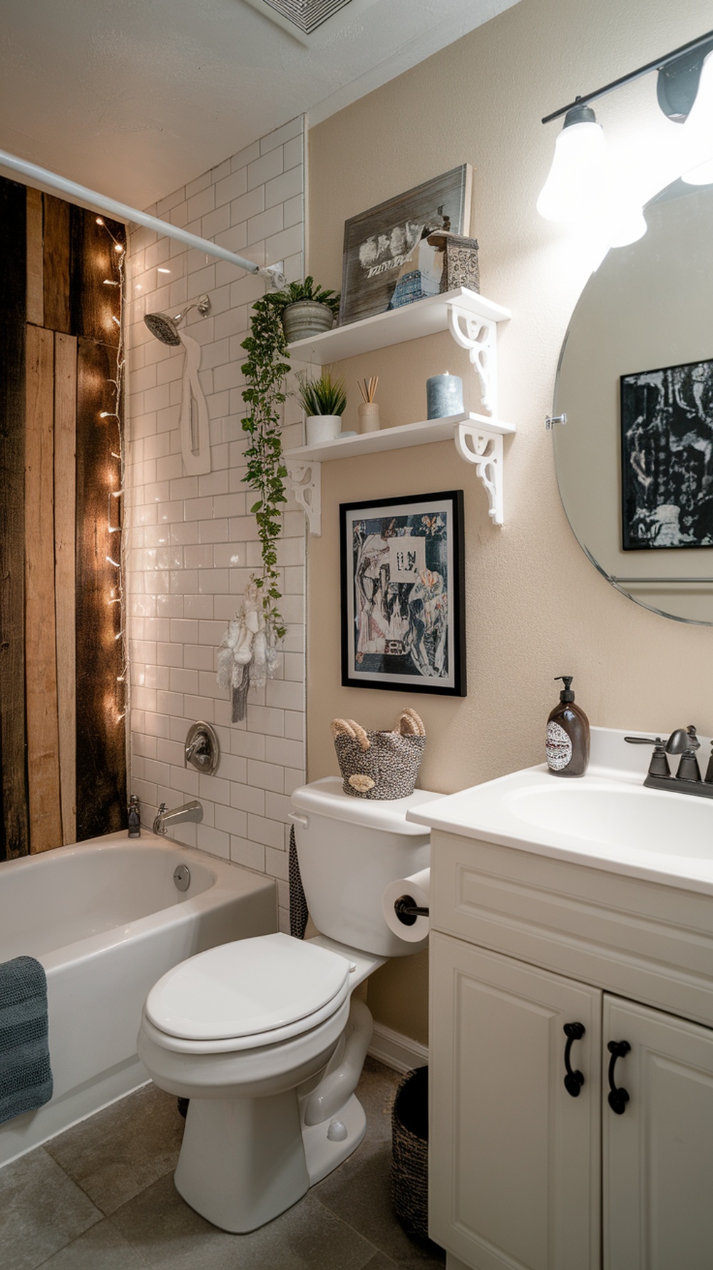 A stylish bathroom featuring artwork, shelves, and modern decor elements.