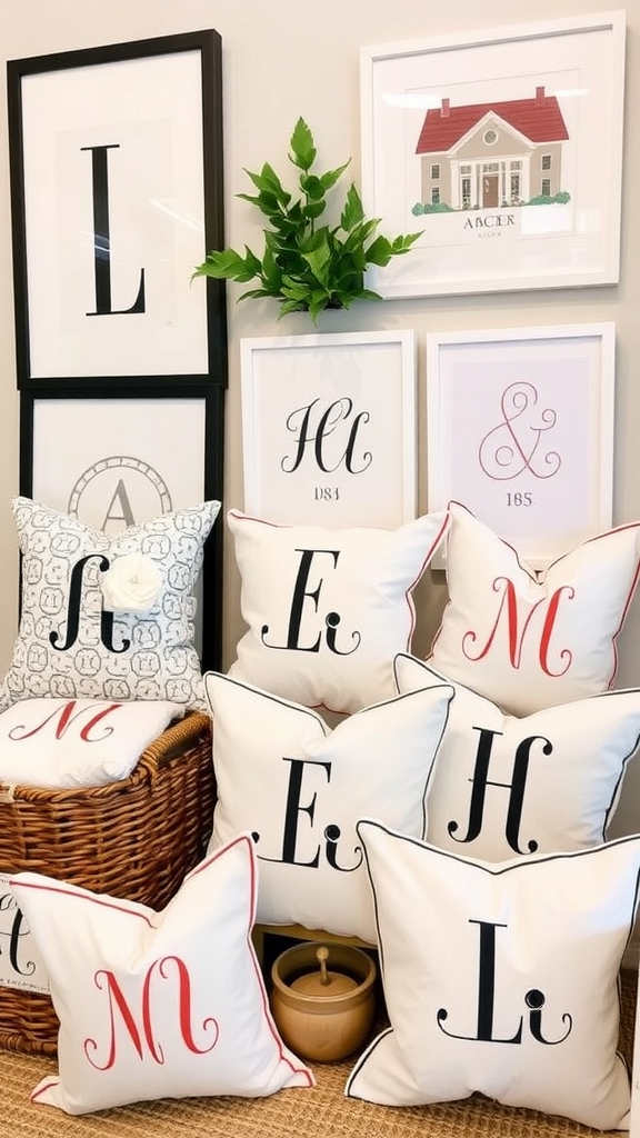 Decorative pillows with initials on a display, surrounded by framed art and greenery
