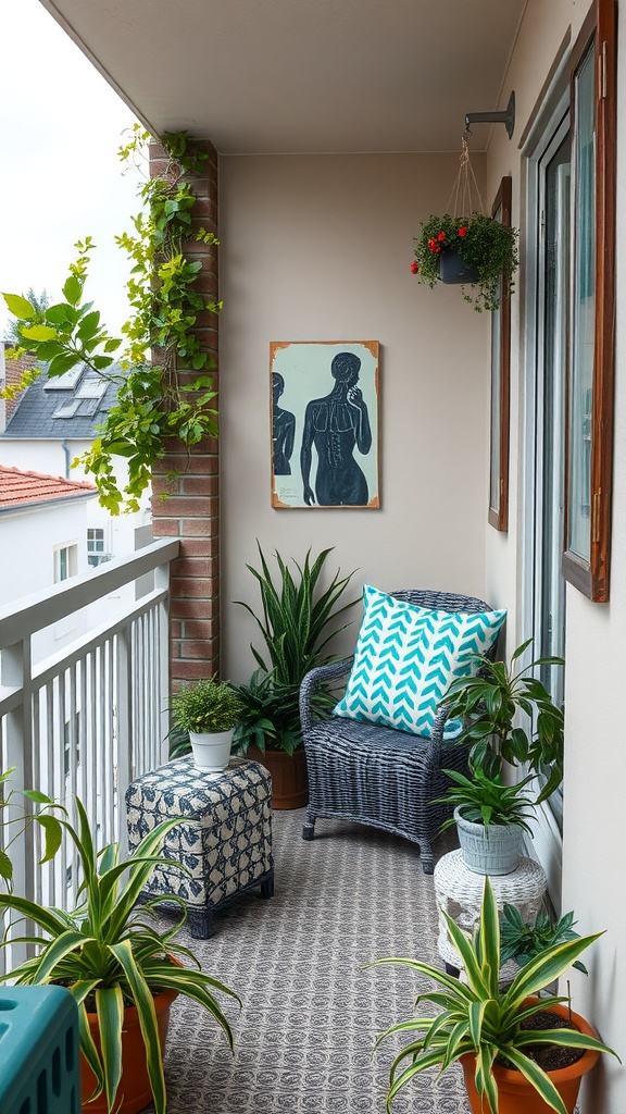 A cozy small balcony decorated with plants, artwork, and comfortable seating.