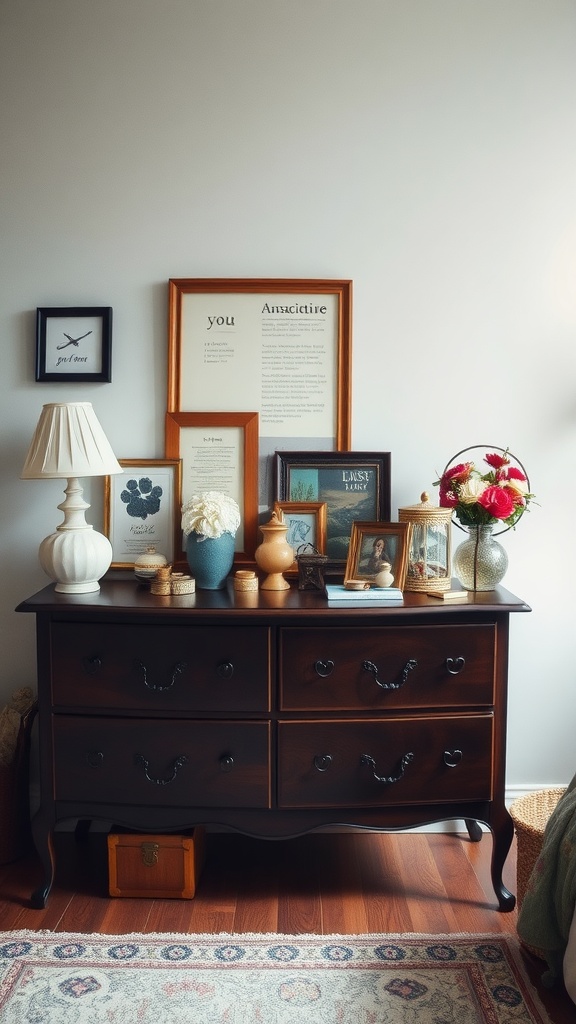 A wooden dresser decorated with personal keepsakes, including photos, a lamp, and vases.