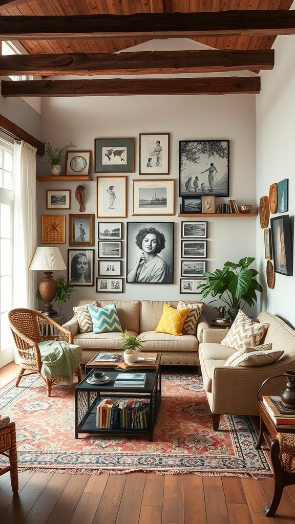 A cozy organic modern living room featuring a gallery wall, patterned cushions, and plants.