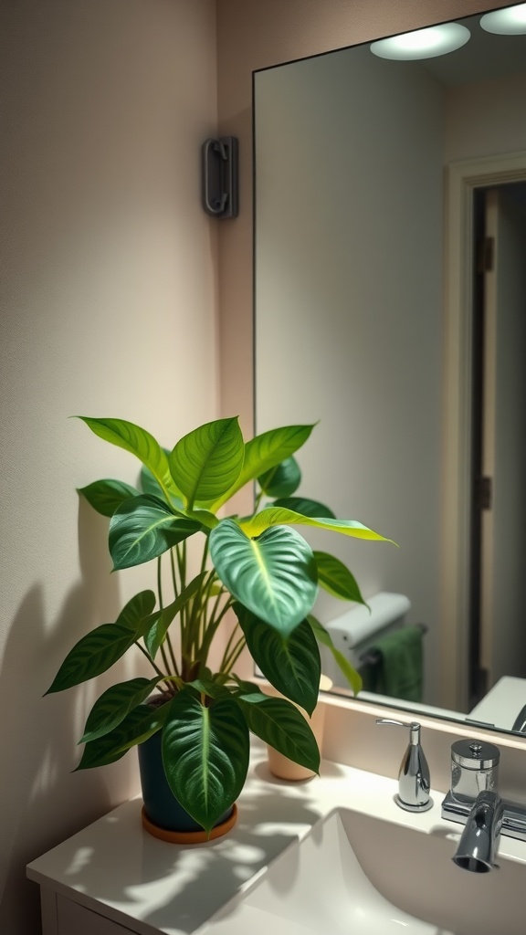 A vibrant Philodendron plant placed on a bathroom sink next to a mirror