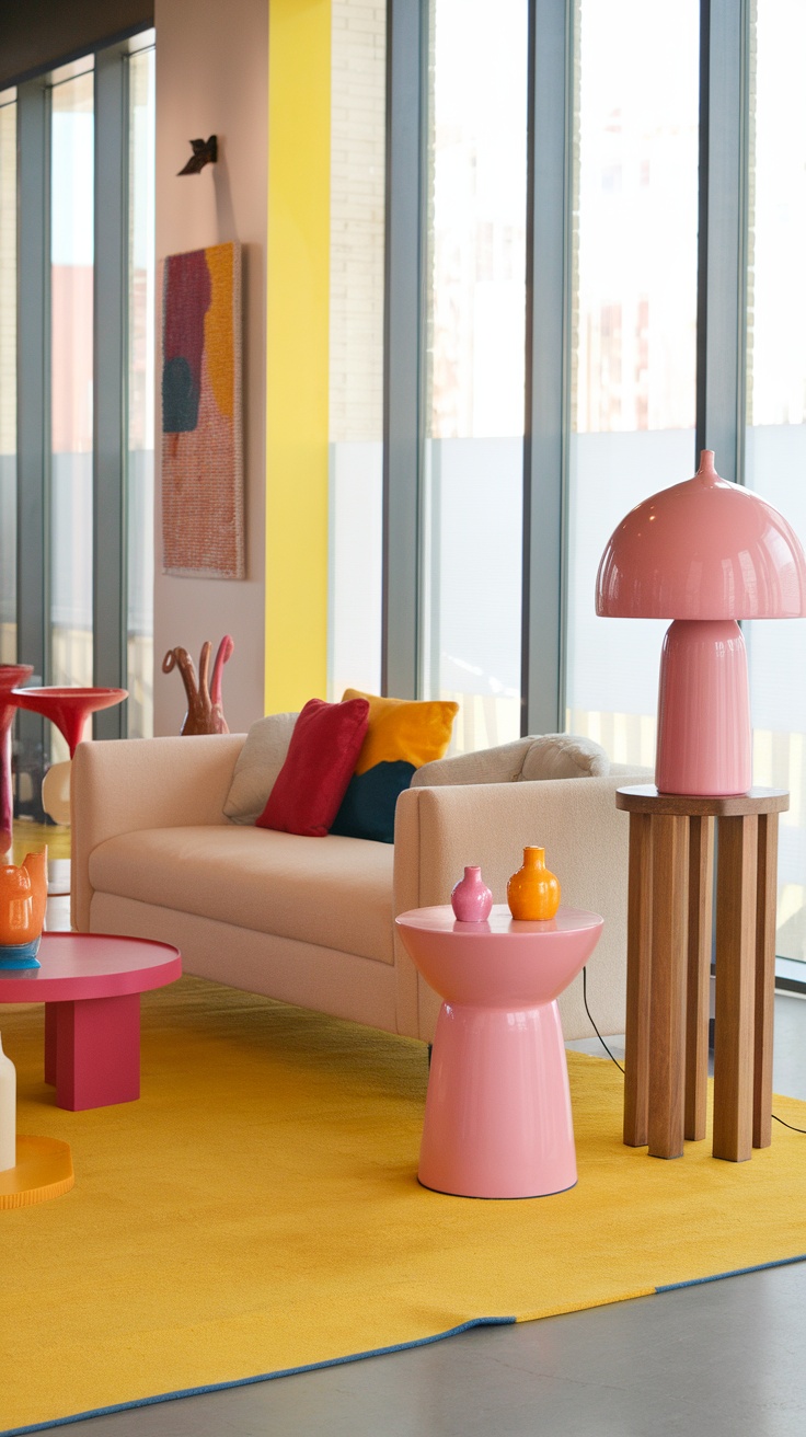 A modern living room featuring a colorful yellow rug, neutral sofa with accent pillows, pink side tables, and vibrant vases.